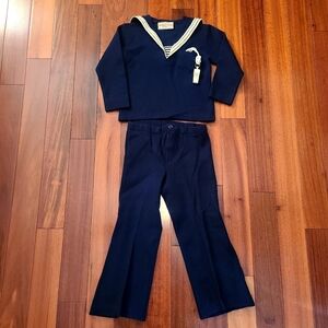 Vintage Kids Navy Sailor Shirt & Pants Outfit White Accents w/ Whistle Coastal